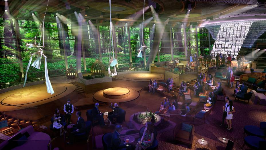 <strong>Vistarama</strong>Com paredes de vidro que vão do chão ao teto, o lounge se transforma em uma superfície onde serão projetadas cenas reais ou imaginárias <strong>Vistarama</strong>Com paredes de vidro que vão do chão ao teto, o lounge se transforma em uma superfície onde serão projetadas cenas reais ou imaginárias