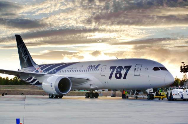 Feito com materiais compostos, como plástico com fibra de carbono, o 787 é mais leve que outros aviões do mesmo tamanho Feito com materiais compostos, como plástico com fibra de carbono, o 787 é mais leve que outros aviões do mesmo tamanho