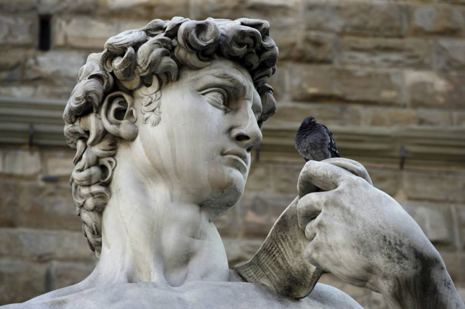 Detalhe da cópia da estátua de Davi, de Michelangelo, na Piazza de la Signoria. A obra original fica na <a href="https://viajeaqui.abril.com.br/estabelecimentos/italia-florenca-firenze-atracao-galleria-dell-accademia" rel="Galleria dellAcademia">Galleria dellAccademia</a>, em <a href="https://viajeaqui.abril.com.br/cidades/italia-florenca-firenze" rel="Florença">Florença</a>