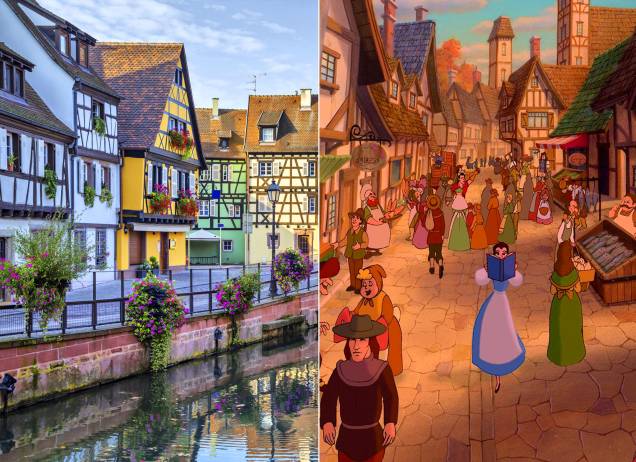 <strong>Colmar, Alsácia, <a href="https://viajeaqui.abril.com.br/paises/franca" rel="França" target="_self">França</a> (<em>A Bela e a Fera</em>)</strong> A princesa fascinada por livros vem de um pequeno e charmoso vilarejo francês, inspirado na cidade de Colmar. Antes de ser aprisionada em um castelo enfeitiçado, cujo dono é um príncipe transformado em besta por causa de seu comportamento arrogante e egoísta, ela percorria as ruas do lugar com seus melhores companheiros. Vai dizer que você não sentia vontade de passar por uma biblioteca local e comer um pão quentinho que saía da padoca? <em><a href="https://www.booking.com/city/fr/colmar.pt-br.html?aid=332455&label=viagemabril-destinos-inspiradores-dos-estudios-disney" rel="Veja preços de hotéis em Colmar no Booking.com" target="_blank">Veja preços de hotéis em Colmar no Booking.com</a></em> <strong>Colmar, Alsácia, <a href="https://viajeaqui.abril.com.br/paises/franca" rel="França" target="_self">França</a> (<em>A Bela e a Fera</em>)</strong> A princesa fascinada por livros vem de um pequeno e charmoso vilarejo francês, inspirado na cidade de Colmar. Antes de ser aprisionada em um castelo enfeitiçado, cujo dono é um príncipe transformado em besta por causa de seu comportamento arrogante e egoísta, ela percorria as ruas do lugar com seus melhores companheiros. Vai dizer que você não sentia vontade de passar por uma biblioteca local e comer um pão quentinho que saía da padoca? <em><a href="https://www.booking.com/city/fr/colmar.pt-br.html?aid=332455&label=viagemabril-destinos-inspiradores-dos-estudios-disney" rel="Veja preços de hotéis em Colmar no Booking.com" target="_blank">Veja preços de hotéis em Colmar no Booking.com</a></em>