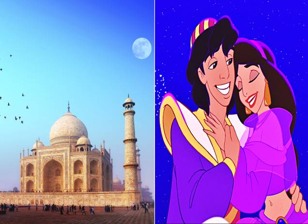<strong><a href="https://viajeaqui.abril.com.br/estabelecimentos/india-agra-atracao-taj-mahal" rel="Taj Mahal" target="_self">Taj Mahal</a>, <a href="https://viajeaqui.abril.com.br/cidades/india-agra" rel="Agra" target="_self">Agra</a>, <a href="https://viajeaqui.abril.com.br/paises/india" rel="Índia" target="_self">Índia</a> (<em>Aladdin)</em></strong> As lendas do ladrão mais charmoso do Oriente Médio não poderiam ser esquecidas pelos estúdios Disney. As aventuras do rapaz com o Gênio da lâmpada, juntamente com o amor que sente por Jasmine, a filha do sultão, fizeram sucesso entre os pequenos. Mas se for se inspirar no desenho para fazer sua viagem, opte pela construção que inspirou o palácio da princesa: o mausoléu mais famoso do mundo, tombado como Patrimônio Mundial da Unesco <em><a href="https://www.booking.com/city/in/agra.pt-br.html?aid=332455&label=viagemabril-destinos-inspiradores-dos-estudios-disney" rel="Veja preços de hotéis em Agra no Booking.com" target="_blank">Veja preços de hotéis em Agra no Booking.com</a></em> <strong><a href="https://viajeaqui.abril.com.br/estabelecimentos/india-agra-atracao-taj-mahal" rel="Taj Mahal" target="_self">Taj Mahal</a>, <a href="https://viajeaqui.abril.com.br/cidades/india-agra" rel="Agra" target="_self">Agra</a>, <a href="https://viajeaqui.abril.com.br/paises/india" rel="Índia" target="_self">Índia</a> (<em>Aladdin)</em></strong> As lendas do ladrão mais charmoso do Oriente Médio não poderiam ser esquecidas pelos estúdios Disney. As aventuras do rapaz com o Gênio da lâmpada, juntamente com o amor que sente por Jasmine, a filha do sultão, fizeram sucesso entre os pequenos. Mas se for se inspirar no desenho para fazer sua viagem, opte pela construção que inspirou o palácio da princesa: o mausoléu mais famoso do mundo, tombado como Patrimônio Mundial da Unesco <em><a href="https://www.booking.com/city/in/agra.pt-br.html?aid=332455&label=viagemabril-destinos-inspiradores-dos-estudios-disney" rel="Veja preços de hotéis em Agra no Booking.com" target="_blank">Veja preços de hotéis em Agra no Booking.com</a></em>