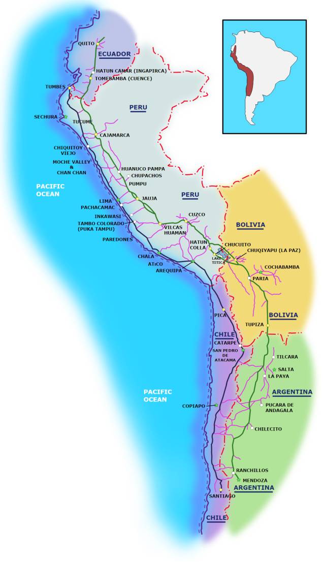 Qhapaq Ñan em quéchua significa “Caminho Real”. Em seu auge, ele consistia em quase 40 mil km de estradas que tinham função de comunicação, comércio e defesa de imenso território. Construída pelos Incas durante séculos e parcialmente baseada em infraestrutura pré-incaica, essa rede corta e dá acesso a uma das zonas geográficas mais extremas do planeta, passando por montanhas cobertas de neve na Cordilheira dos Andes (alguns trechos estão a 6 mil metros de altitude!), levando à costa do Pacífico, cortando a floresta amazônica, vales férteis e o deserto mais árido do mundo, o Atacama Qhapaq Ñan em quéchua significa “Caminho Real”. Em seu auge, ele consistia em quase 40 mil km de estradas que tinham função de comunicação, comércio e defesa de imenso território. Construída pelos Incas durante séculos e parcialmente baseada em infraestrutura pré-incaica, essa rede corta e dá acesso a uma das zonas geográficas mais extremas do planeta, passando por montanhas cobertas de neve na Cordilheira dos Andes (alguns trechos estão a 6 mil metros de altitude!), levando à costa do Pacífico, cortando a floresta amazônica, vales férteis e o deserto mais árido do mundo, o Atacama