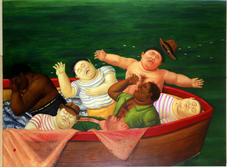Botero denuncia, com cores vibrantes, a violência que sofreu o povo colombiano, como em <em>Masacre de Ciénaga Grande</em> (2001) Botero denuncia, com cores vibrantes, a violência que sofreu o povo colombiano, como em <em>Masacre de Ciénaga Grande</em> (2001)