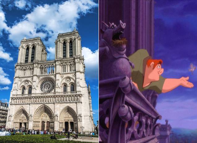 <strong><a href="https://viajeaqui.abril.com.br/estabelecimentos/franca-paris-atracao-catedral-de-notre-dame" rel="Catedral de Notre Dame" target="_self">Catedral de Notre Dame</a>, <a href="https://viajeaqui.abril.com.br/cidades/franca-paris" rel="Paris" target="_self">Paris</a>, <a href="https://viajeaqui.abril.com.br/paises/franca" rel="França" target="_self">França</a> (<em>O Corcunda de Notre Dame</em>)</strong> Os sinos da mais importante igreja da capital francesa inspiraram a figura do personagem Quasímodo, um corcunda adotado pelo vigário e ministro Frollo, qua habita os esconderijos da catedral. As cores do mundo cigano, sobretudo nas vestes da linda Esmeralda, trazem um pouco de alegria para a triste história do homem, órfão de mãe depois de uma emboscada provocada pelo homem que o adotou. Críticas à nobreza ficam nítidas tanto no conto de Victor Hugo quanto no filme <a href="https://www.booking.com/city/fr/paris.pt-br.html?aid=332455&label=viagemabril-destinos-inspiradores-dos-estudios-disney" rel="Veja preços de hotéis em Paris no Booking.com" target="_blank"><em>Veja preços de hotéis em Paris no Booking.com</em></a> <strong><a href="https://viajeaqui.abril.com.br/estabelecimentos/franca-paris-atracao-catedral-de-notre-dame" rel="Catedral de Notre Dame" target="_self">Catedral de Notre Dame</a>, <a href="https://viajeaqui.abril.com.br/cidades/franca-paris" rel="Paris" target="_self">Paris</a>, <a href="https://viajeaqui.abril.com.br/paises/franca" rel="França" target="_self">França</a> (<em>O Corcunda de Notre Dame</em>)</strong> Os sinos da mais importante igreja da capital francesa inspiraram a figura do personagem Quasímodo, um corcunda adotado pelo vigário e ministro Frollo, qua habita os esconderijos da catedral. As cores do mundo cigano, sobretudo nas vestes da linda Esmeralda, trazem um pouco de alegria para a triste história do homem, órfão de mãe depois de uma emboscada provocada pelo homem que o adotou. Críticas à nobreza ficam nítidas tanto no conto de Victor Hugo quanto no filme <a href="https://www.booking.com/city/fr/paris.pt-br.html?aid=332455&label=viagemabril-destinos-inspiradores-dos-estudios-disney" rel="Veja preços de hotéis em Paris no Booking.com" target="_blank"><em>Veja preços de hotéis em Paris no Booking.com</em></a>