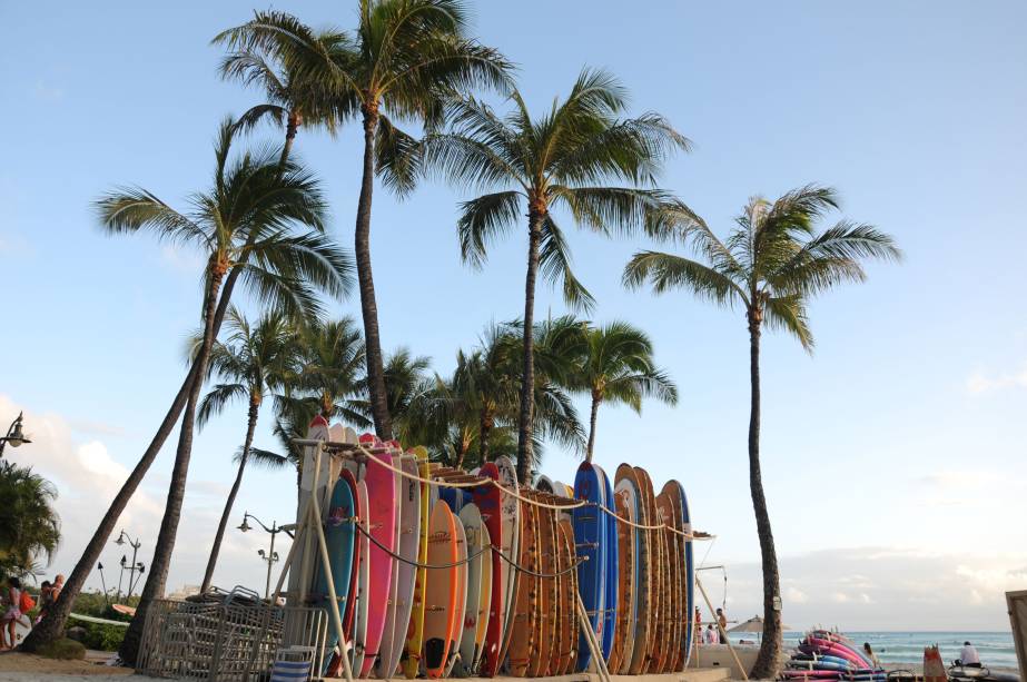<strong>Praia de Waikiki</strong><br />  A mais famosa das praias do Hava&iacute; fica em Honolulu: Waikiki. Seu nome significa &ldquo;&aacute;guas que borbulham&rdquo; e seus 3,2 quil&ocirc;metros de extens&atilde;o s&atilde;o o point garantido dos aficionados por surf do mundo inteiro