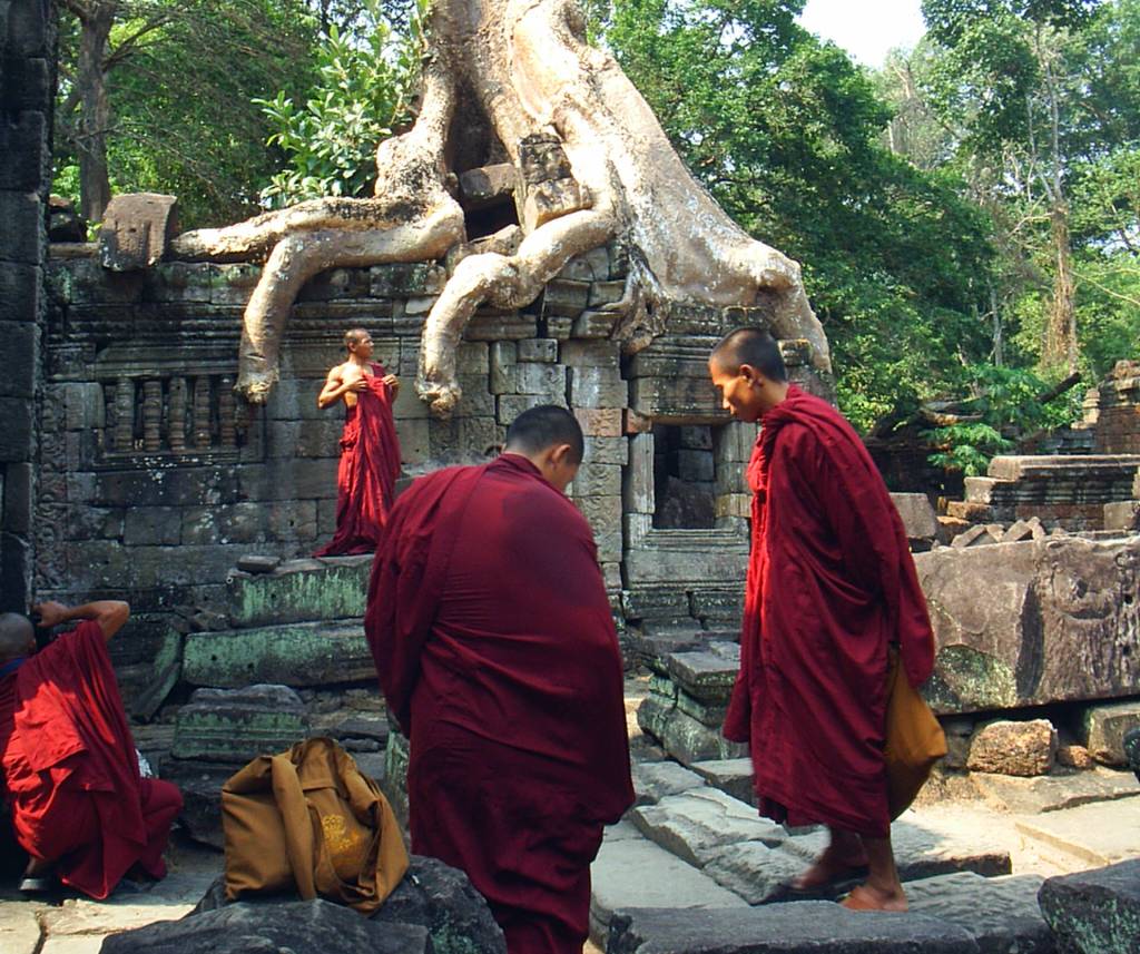 <strong>5. Preah Khan</strong>Monges budistas s&atilde;o frequentemente encontrados entre os turistas que visitam Angkor. Veja o tamanho das ra&iacute;zes das &aacute;rvores em compara&ccedil;&atilde;o com eles!
