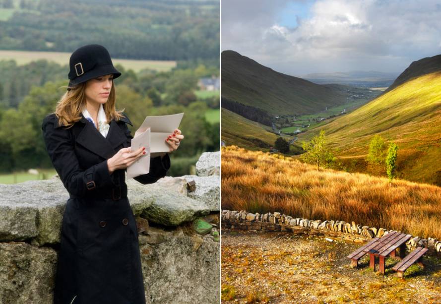 <strong>P.S. Eu Te Amo <a href="https://viajeaqui.abril.com.br/paises/irlanda" rel="(Irlanda)">(Irlanda)</a></strong><br /> Pouco após a morte do marido irlandês, a americana Holly (Hilary Swank, na foto) passa a receber cartas que ele havia programado, durante a doença, para ajudá-la a superar a dor e embarcar numa jornada de autoconhecimento. De fato, Gerry (Gerard Butler) agendou para ela uma viagem à terra natal dele. Na Irlanda, Holly passeia pelo campo idílico onde se conheceram, visita a casa de Gerry em <strong>County Wicklow</strong> e bebe cerveja no <strong>Whelans Pub</strong>, em <a href="https://viajeaqui.abril.com.br/cidades/irlanda-dublin" rel="Dublin"><strong>Dublin</strong></a> <strong>P.S. Eu Te Amo <a href="https://viajeaqui.abril.com.br/paises/irlanda" rel="(Irlanda)">(Irlanda)</a></strong><br /> Pouco após a morte do marido irlandês, a americana Holly (Hilary Swank, na foto) passa a receber cartas que ele havia programado, durante a doença, para ajudá-la a superar a dor e embarcar numa jornada de autoconhecimento. De fato, Gerry (Gerard Butler) agendou para ela uma viagem à terra natal dele. Na Irlanda, Holly passeia pelo campo idílico onde se conheceram, visita a casa de Gerry em <strong>County Wicklow</strong> e bebe cerveja no <strong>Whelans Pub</strong>, em <a href="https://viajeaqui.abril.com.br/cidades/irlanda-dublin" rel="Dublin"><strong>Dublin</strong></a>