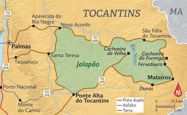 Mapa do Jalapão, com as atrações principais apontadas - todas elas ficam ao redor da área do Parque Estadual, que é de preservação