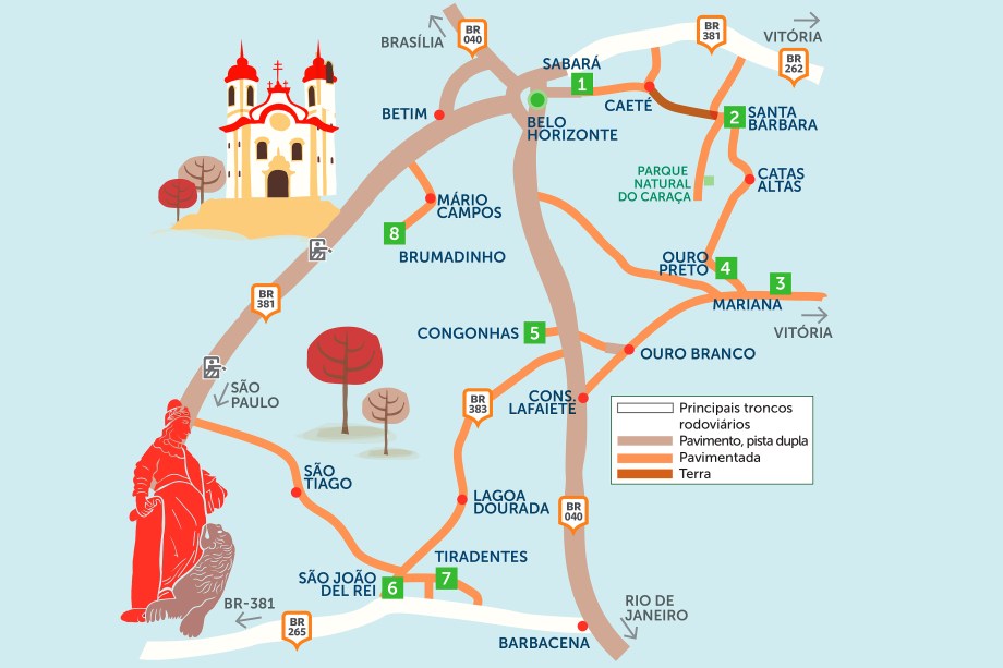 Neste roteiro de 20 dias, é possível sair de Belo Horizonte e conhecer 8 cidades de Minas Gerais. A trajetória tem um formato quase circular e o último destino é Brumadinho, localizada a 55 km da capital mineira. Clique na seta à direita dessa foto para ver as cidades.