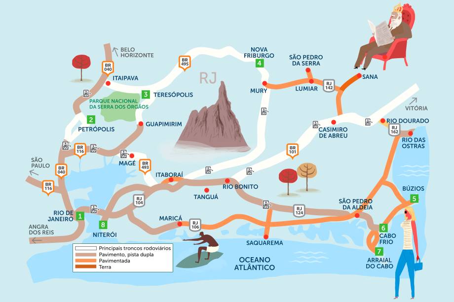 As montanhas e o litoral norte do estado do Rio não deixam nada a dever em beleza para sua capital. Clique na seta à direita do mapa para conhecer um roteiro que contempla todo o interior do estado, começando na capital e terminando em Niterói.