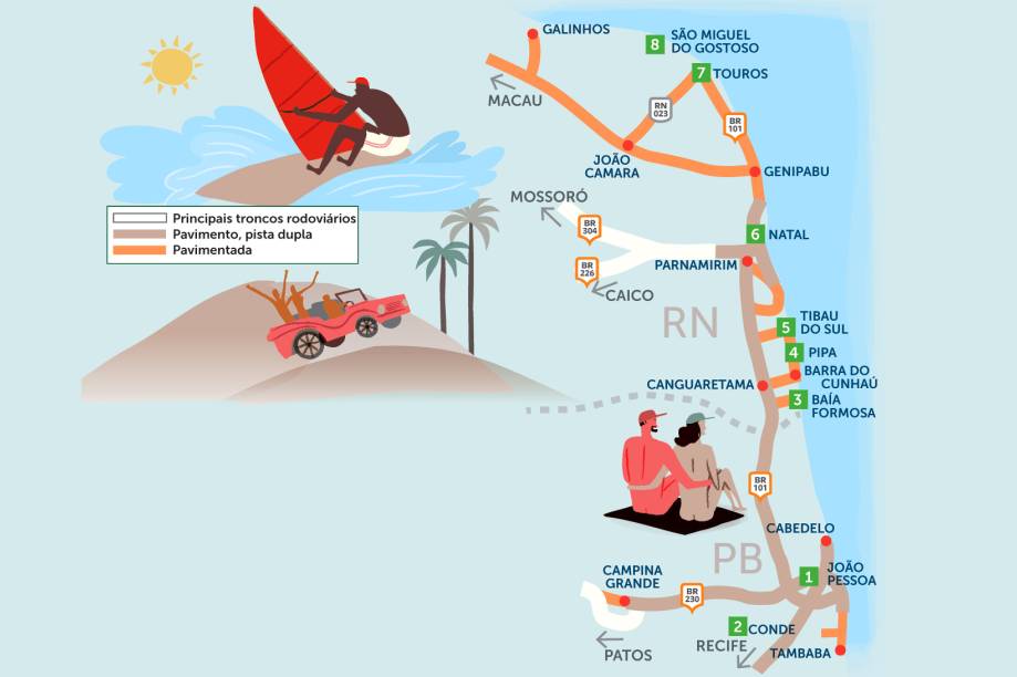 Mais que uma costa de mar transparente e falésias multicoloridas, esse trecho da orla nordestina reúne uma série de destinos cheios de charme. Clique na seta à direita do mapa para conferir o roteiro que passa por 8 lugares