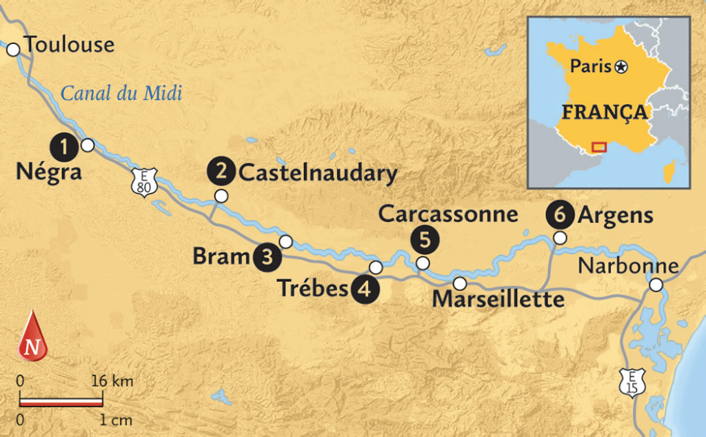 Mapa do Canal du Midi, na França Mapa do Canal du Midi, na França