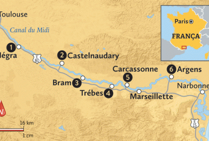 Mapa do Canal du Midi, na França