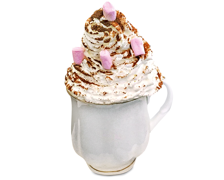 Caneca de chocolate com chantilly do Pettigrew Tea Rooms, ao lado do castelo de Cardiff, País de Gales Caneca de chocolate quente com uma porção generosa de chantilly e coberta por marshmallows