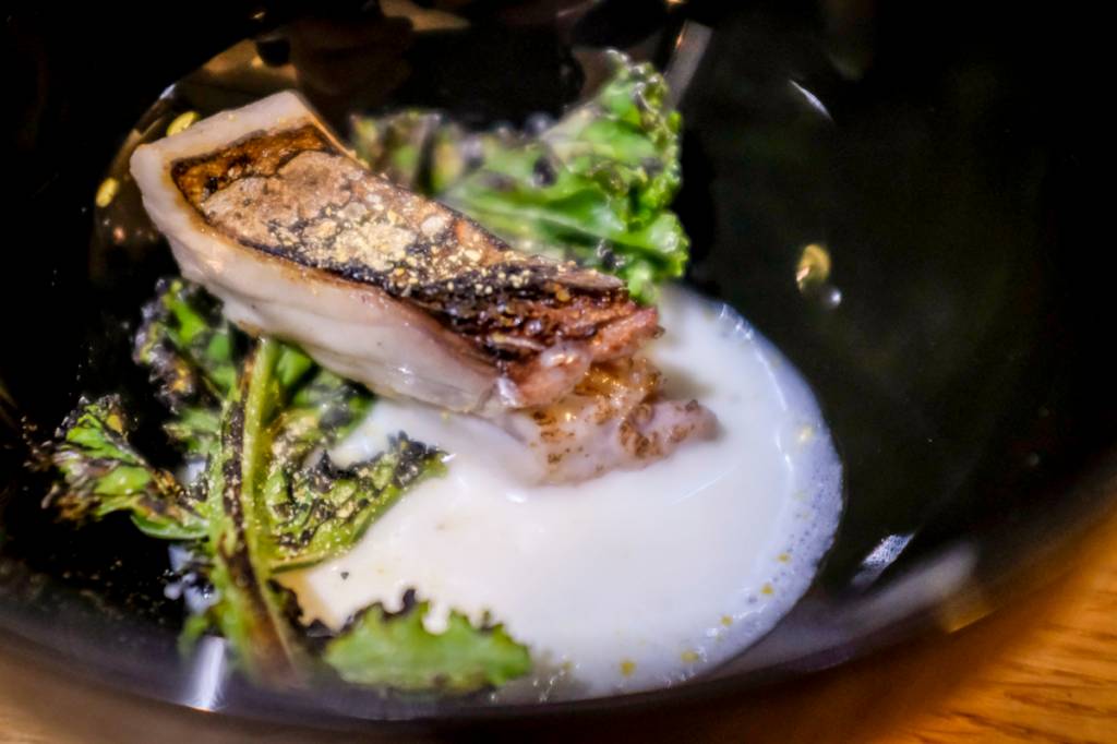 Filezinho de sarrajão com alface defumada e leite do peixe: a melhor surpresa do menu