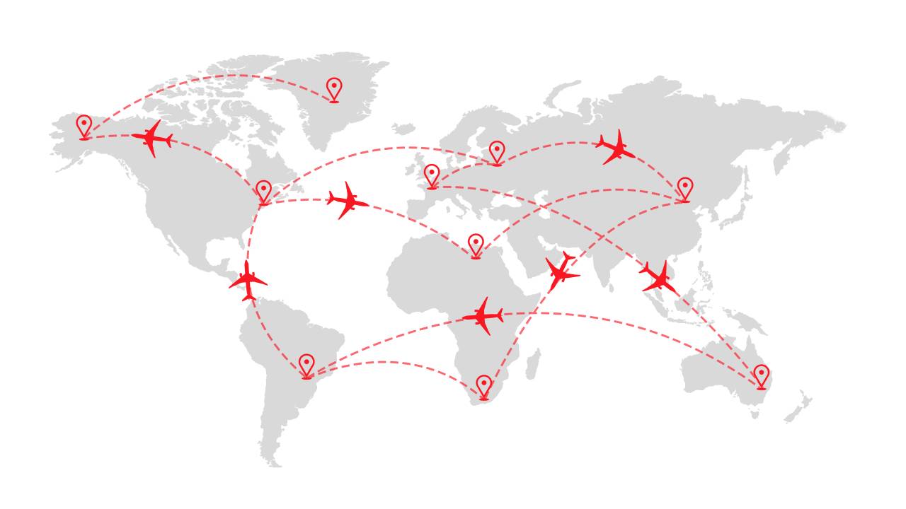 Mapa-múndi com percurso de aviões