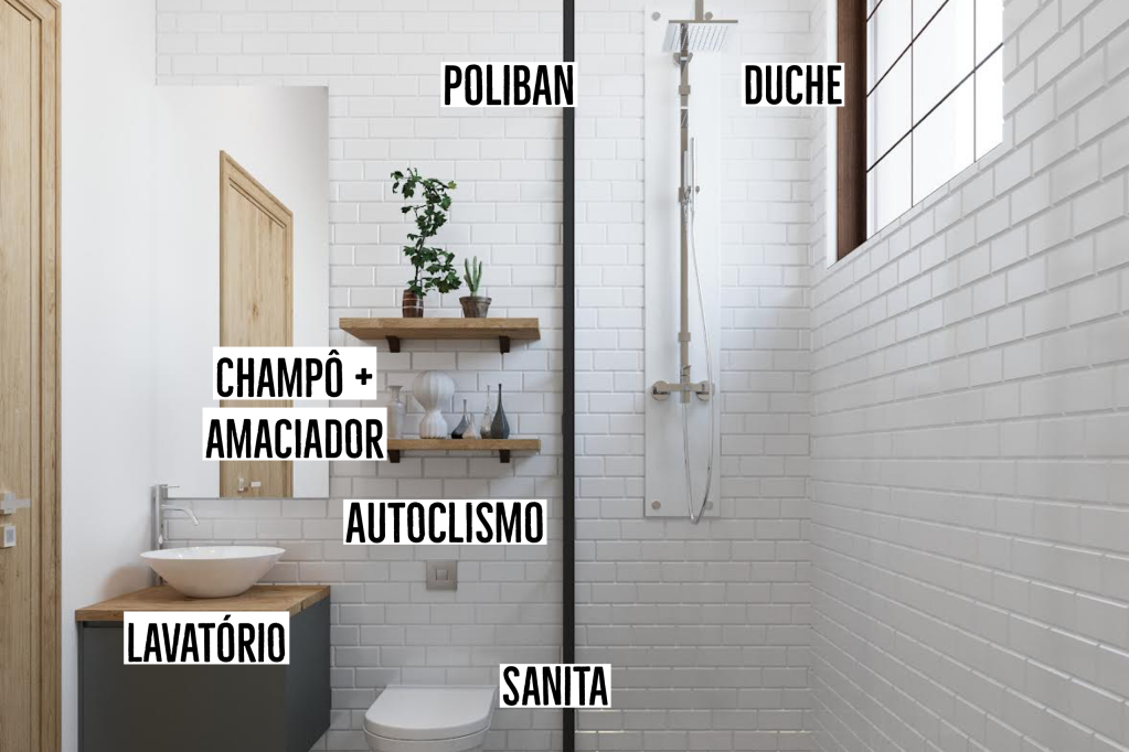 8AA88BC6-83C7-4BE3-9CCC-23C0113C0568 Banheiro de azulejos brancos dividido ao meio, com box e chuveiro de um lado, privada, prateleiras e pia do outro