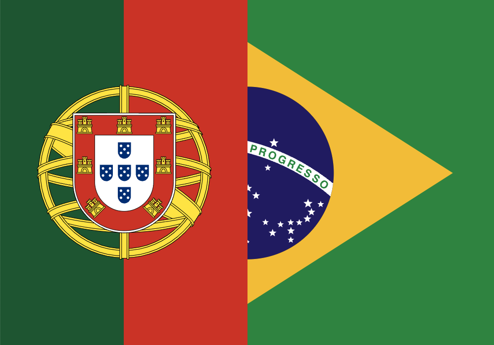 Uma ilustração que une metade da bandeira de Portugal, à esquerda, e metade da bandeira do Brasil, à direita