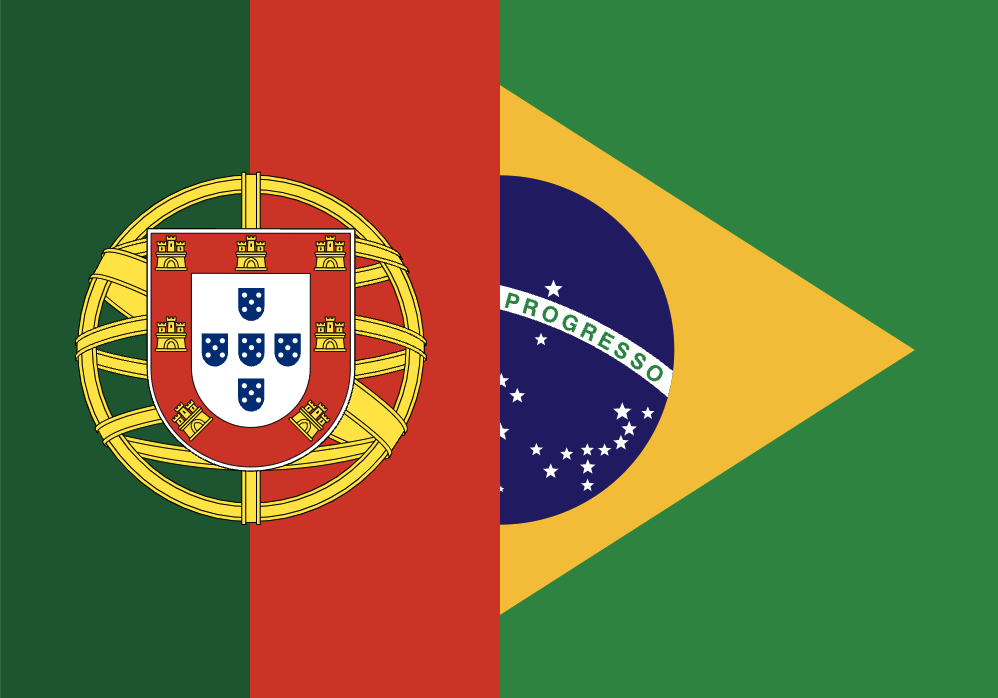 Capa Uma ilustração que une metade da bandeira de Portugal, à esquerda, e metade da bandeira do Brasil, à direita