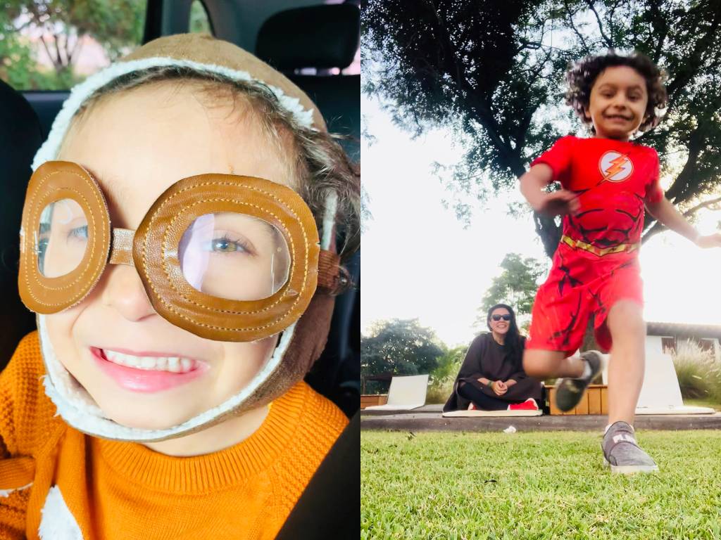 FotosColuna5 À esquerda: close de menino com touca e óculos de aviador. À direita: em primeiro plano menino correndo usando a fantasia do Flash. Em segundo plano sua mãe sorrindo