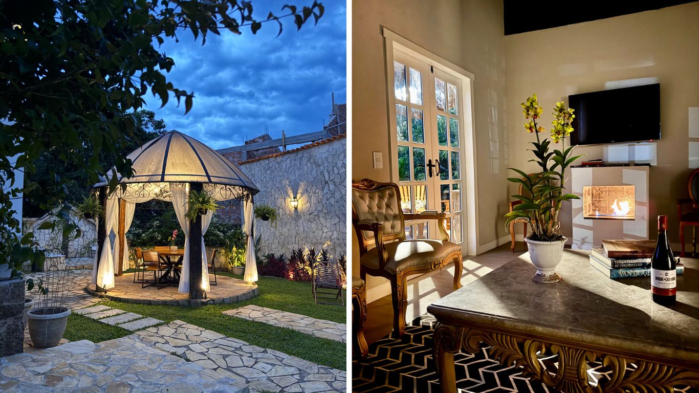 Duas imagens lado a lado. &Agrave; esquerda, um gazebo iluminado com cortinas brancas em um jardim com pedras e grama, sob um c&eacute;u azul-escuro. &Agrave; direita, uma sala com lareira acesa, TV, orqu&iacute;dea amarela em vaso, garrafa de vinho e livros sobre uma mesa de centro de madeira entalhada, com luz solar entrando pela porta de vidro