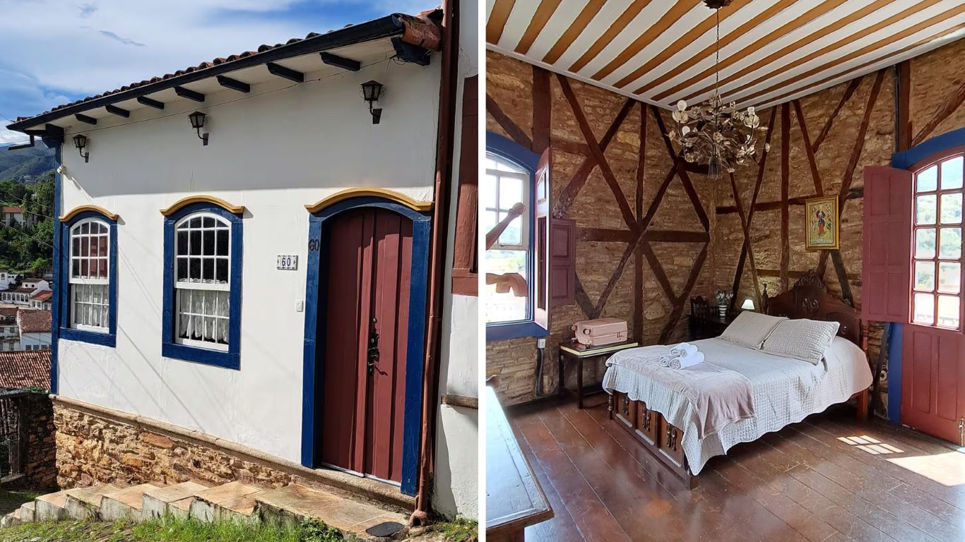 &Agrave; esquerda, fachada branca de casa colonial com janelas e porta vermelha emolduradas em azul. &Agrave; direita, quarto r&uacute;stico com paredes de pedra e madeira, cama de casal com colcha branca, lustre e janela aberta