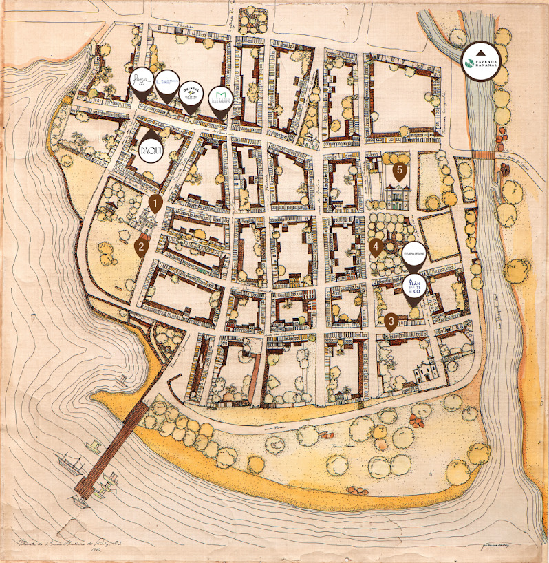 Mapa antigo em tons s&eacute;pia e marrons, mostrando um assentamento urbano com ruas, edif&iacute;cios e &aacute;reas verdes. H&aacute; um rio &agrave; direita, um cais com barcos &agrave; esquerda e marcadores de localiza&ccedil;&atilde;o com logotipos de empresas e n&uacute;meros, indicando pontos de interesse