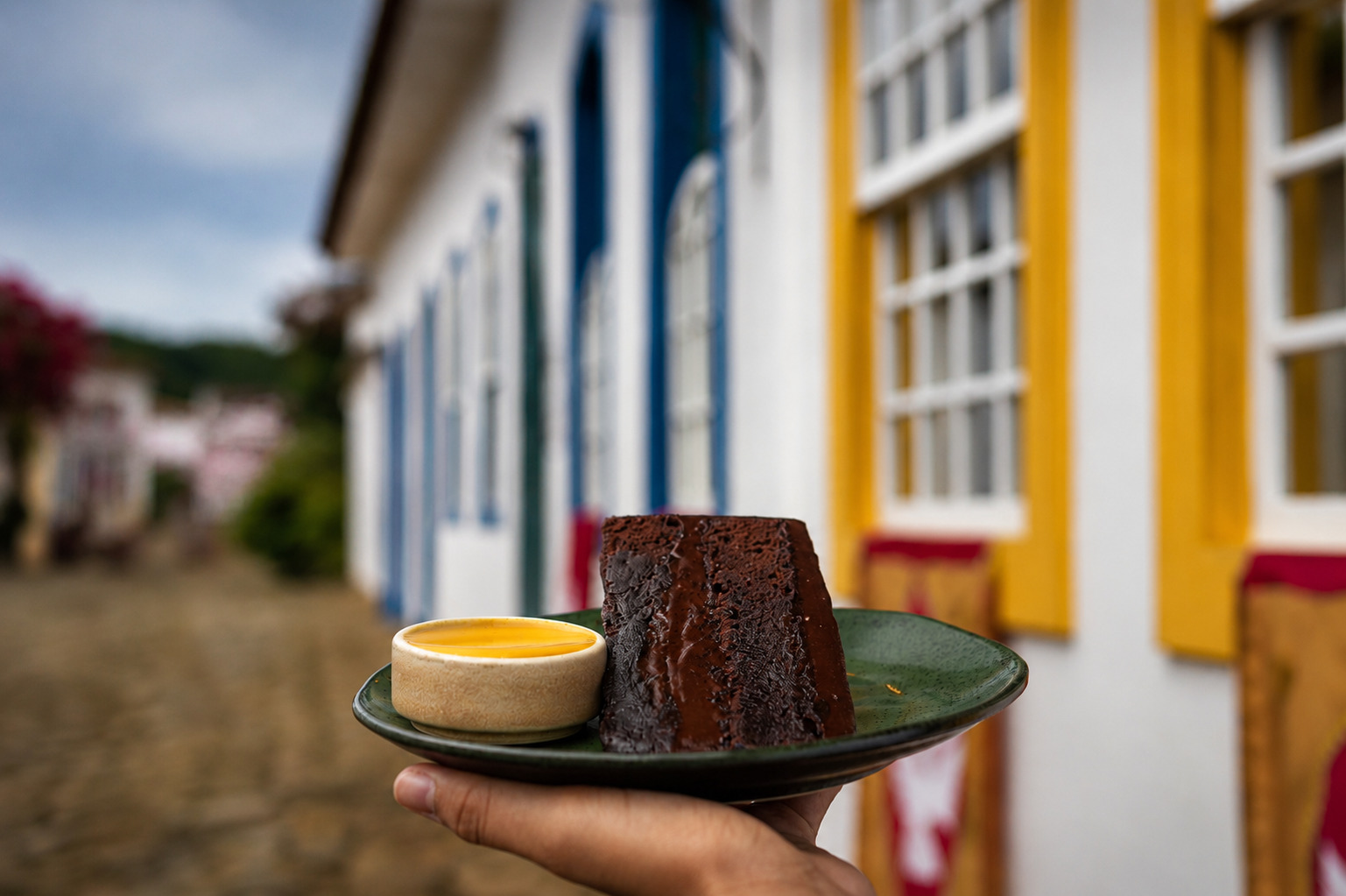M&atilde;o segura um prato verde com um peda&ccedil;o de bolo de chocolate escuro e uma tigela pequena de molho amarelo, em frente a casas coloniais brancas com janelas azuis e amarelas