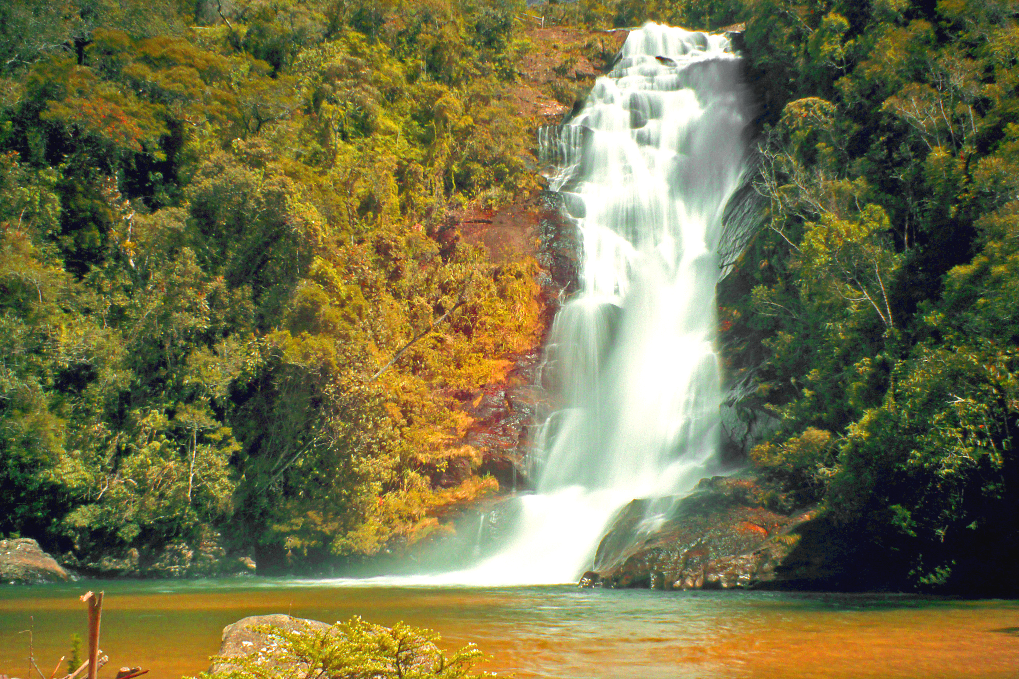 Cachoeira de águas brancas e volumosas descendo por uma rocha escura, cercada por densa vegetação verde e amarelada, com um lago de água marrom-esverdeada na base. Foto sob licença CC BY 2.0