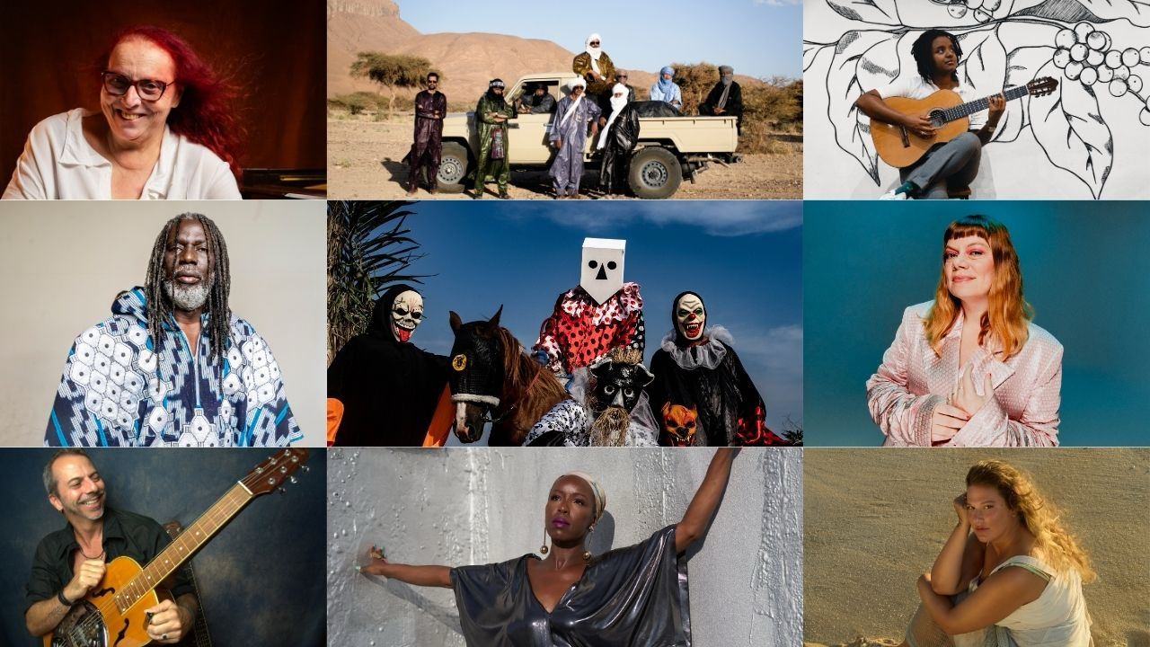Mosaico de nove fotos: uma mulher de cabelo vermelho sorrindo, um grupo de homens em trajes tradicionais ao lado de uma caminhonete no deserto, uma mulher tocando violão, um homem de dreadlocks e barba grisalha, figuras mascaradas com fantasias coloridas, uma mulher ruiva de blazer rosa, um homem tocando violão, uma mulher de vestido prateado com os braços abertos, e uma mulher sentada na areia da praia