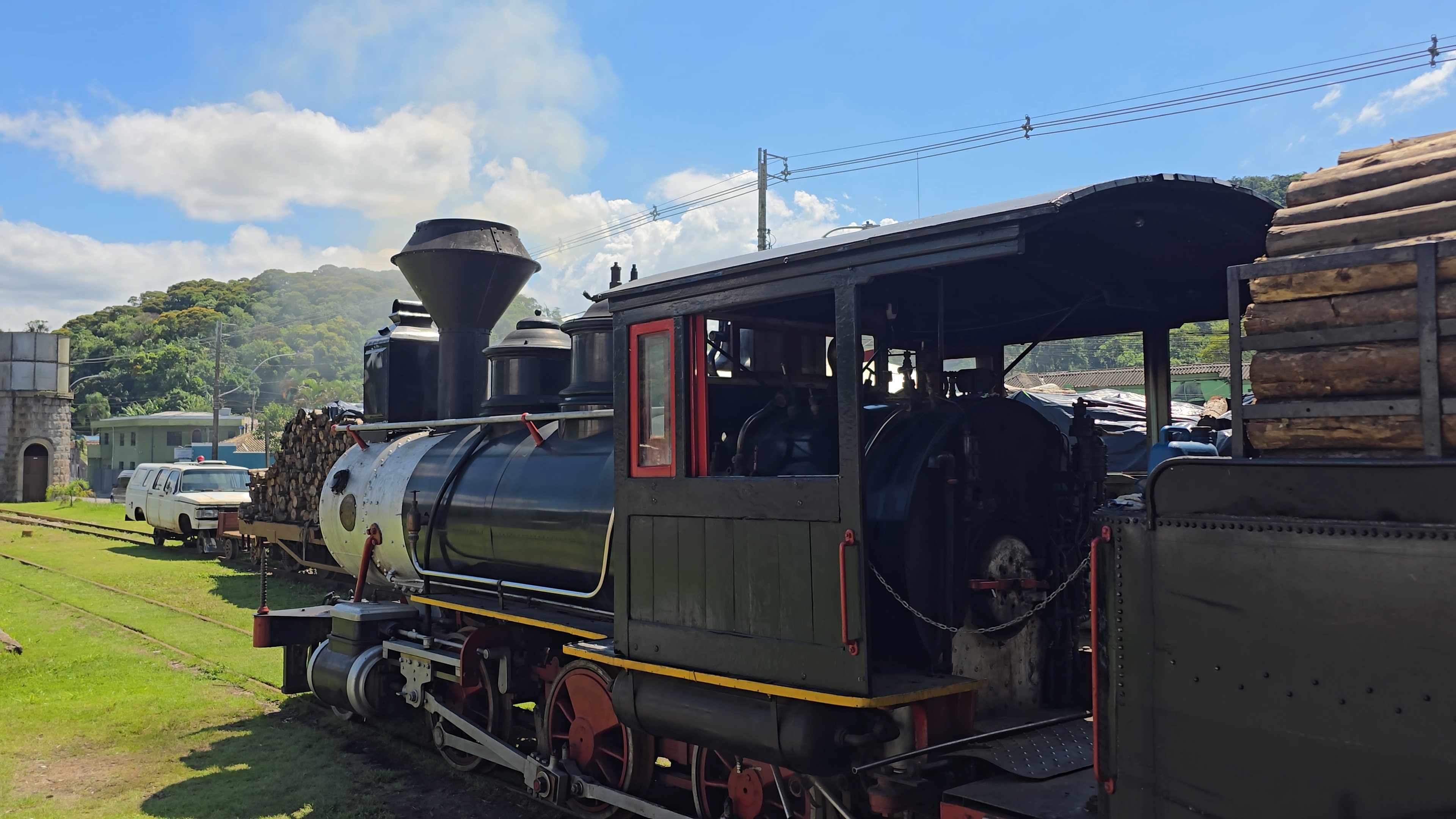 Locomotiva a vapor preta e branca com detalhes vermelhos e amarelos, carregando toras de madeira, em trilhos de grama verde sob c&eacute;u azul com nuvens. Ao fundo, uma torre de pedra e um carro branco.