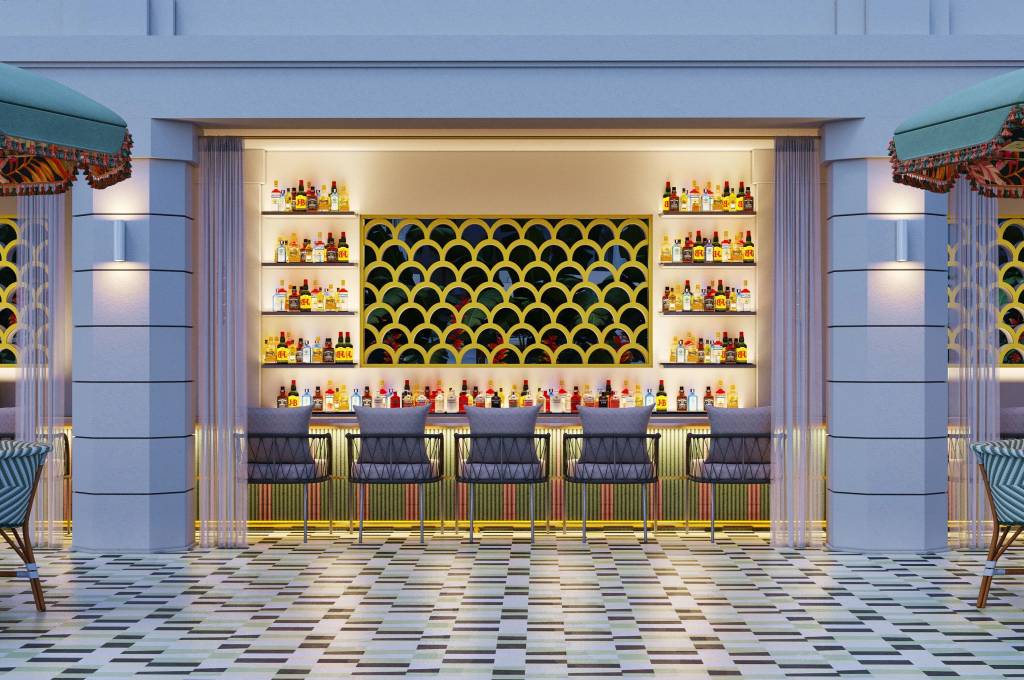 Um bar luxuoso com balc&atilde;o iluminado, prateleiras cheias de garrafas de bebidas e seis banquetas cinzas. O fundo tem um painel dourado com padr&atilde;o de escamas. O ch&atilde;o &eacute; de azulejos geom&eacute;tricos em tons de verde, cinza e branco. Guarda-s&oacute;is verdes com franjas coloridas aparecem nas laterais